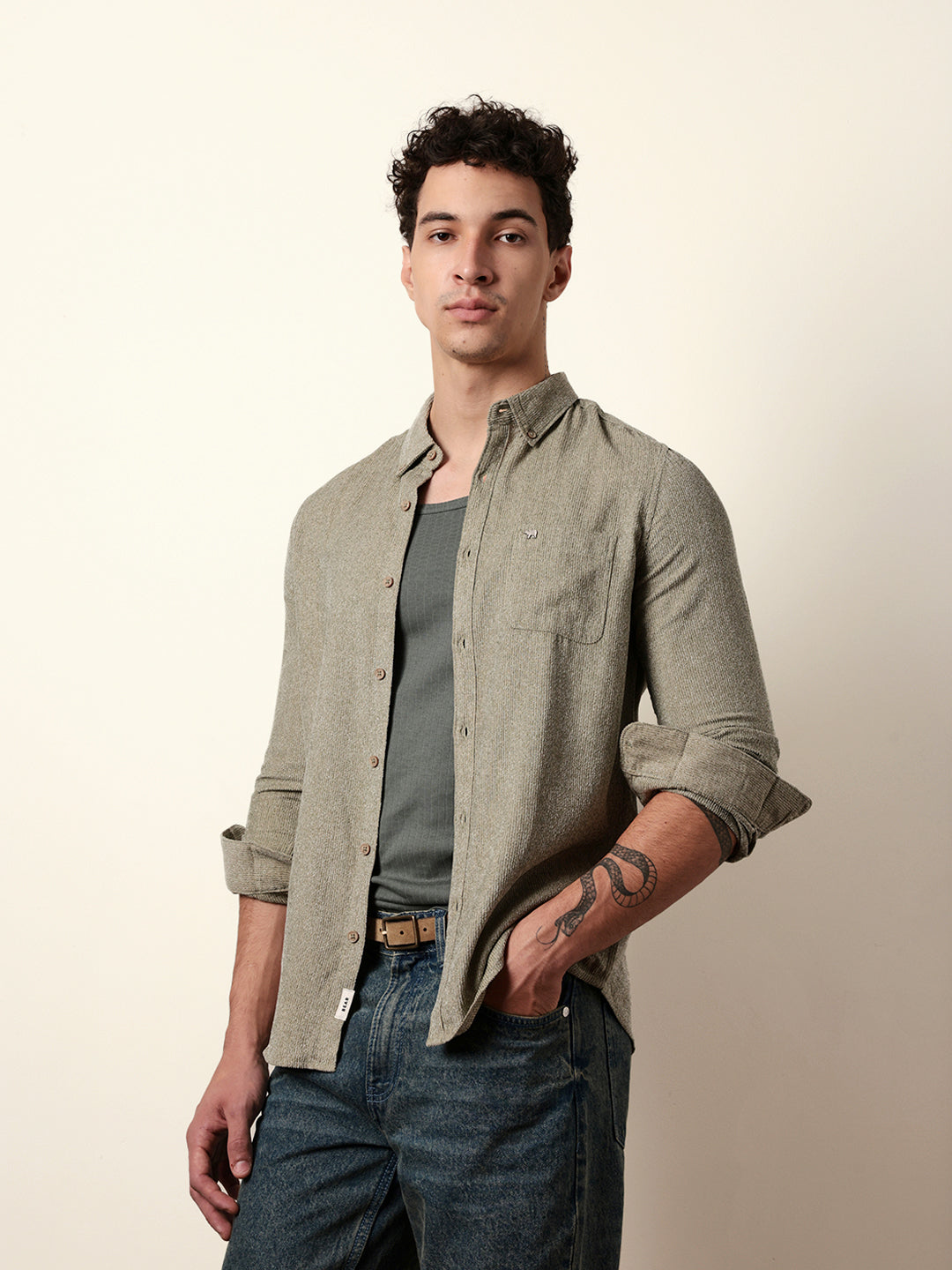 Olive Textured Woven Striped Slim Fit Casual Shirt