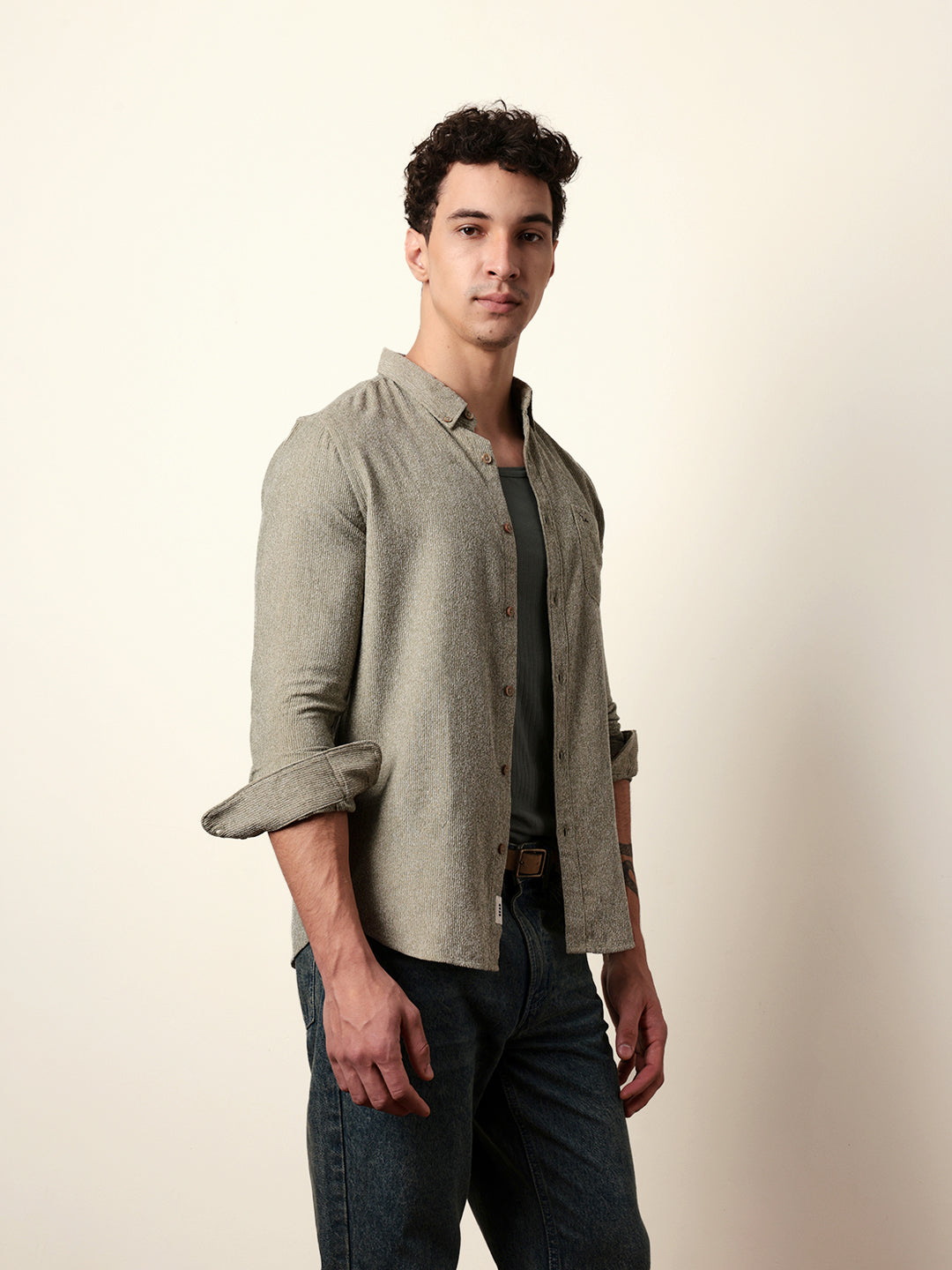 Olive Textured Woven Striped Slim Fit Casual Shirt
