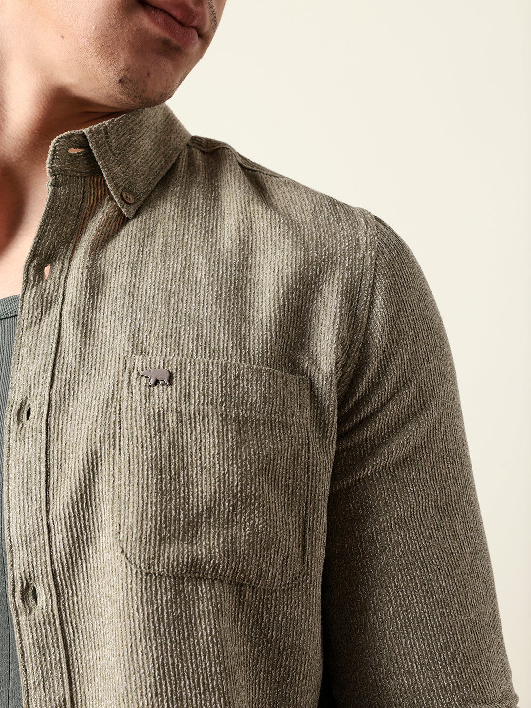 Olive Textured Woven Striped Slim Fit Casual Shirt