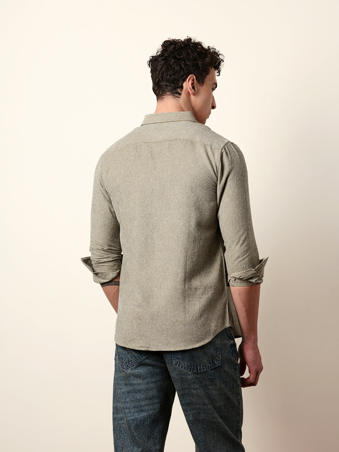 Olive Textured Woven Striped Slim Fit Casual Shirt