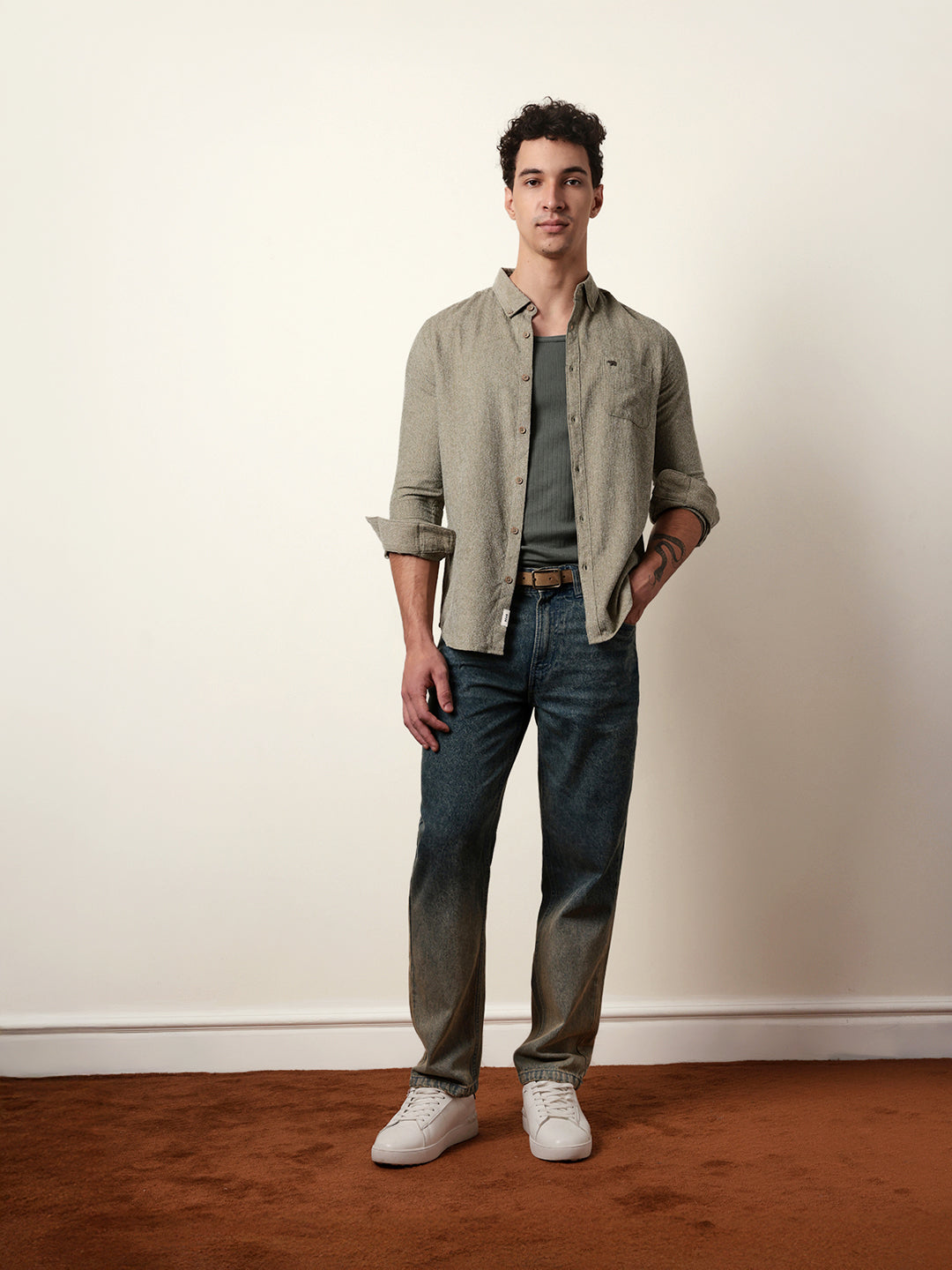 Olive Textured Woven Striped Slim Fit Casual Shirt