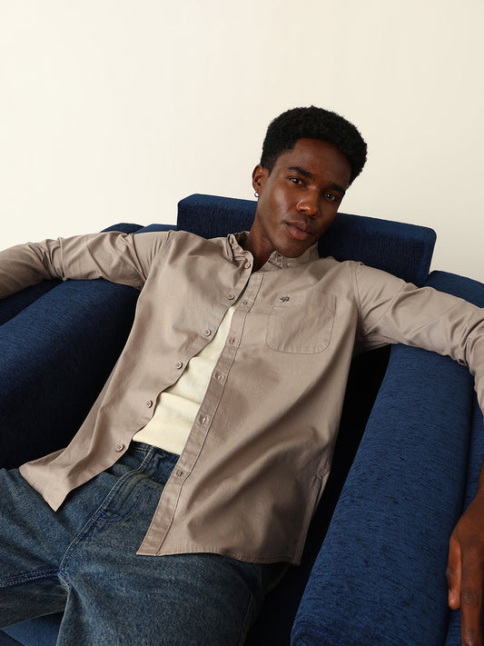 Light Brown Cotton Solid Slim Fit Casual Shirt