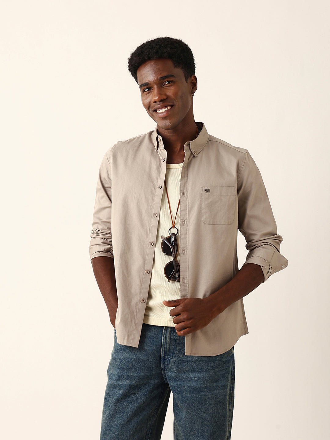 Light Brown Cotton Solid Slim Fit Casual Shirt