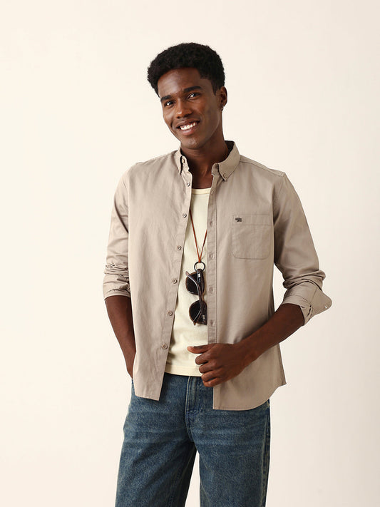 Light Brown Cotton Solid Slim Fit Casual Shirt