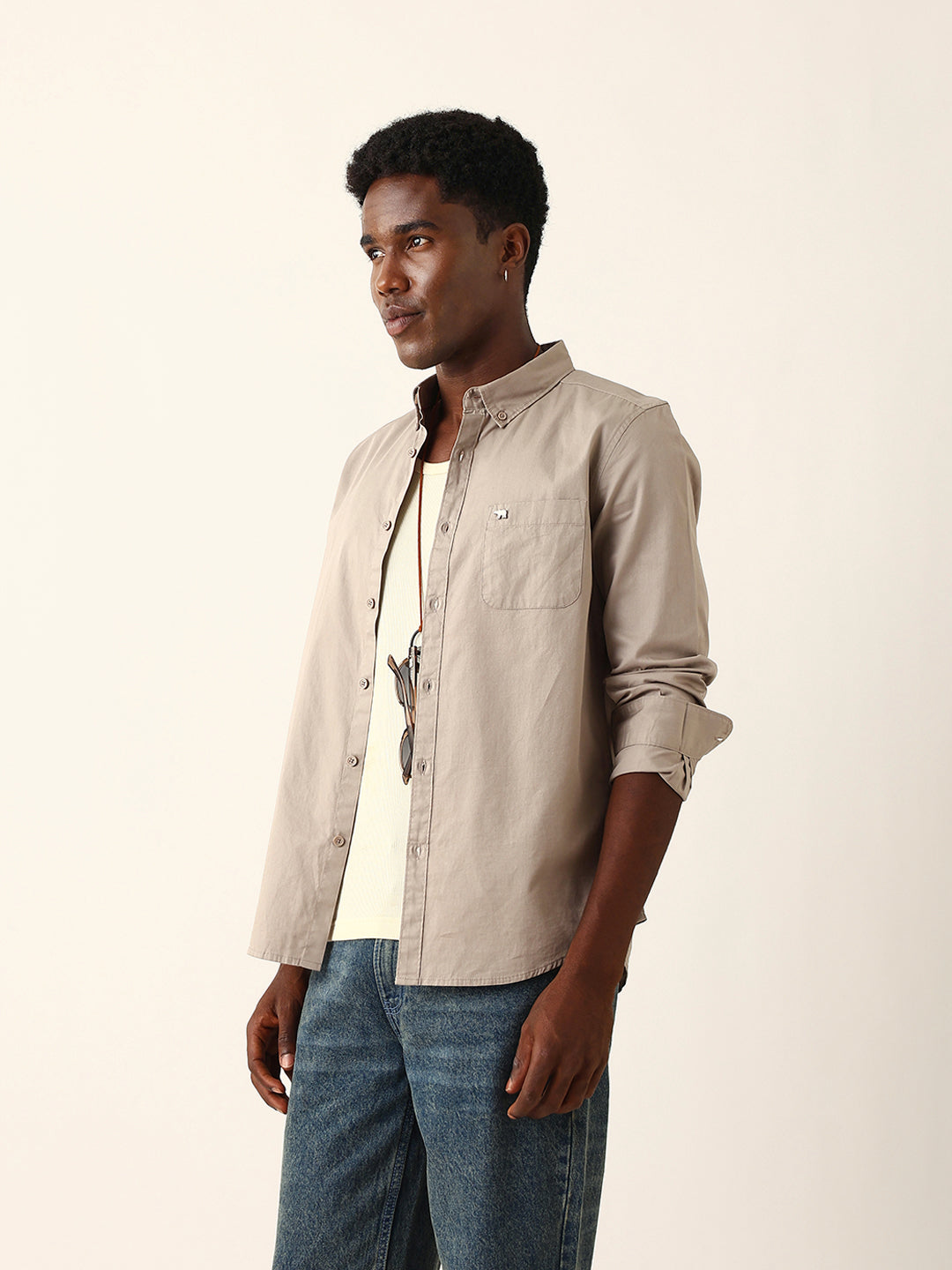 Light Brown Cotton Solid Slim Fit Casual Shirt