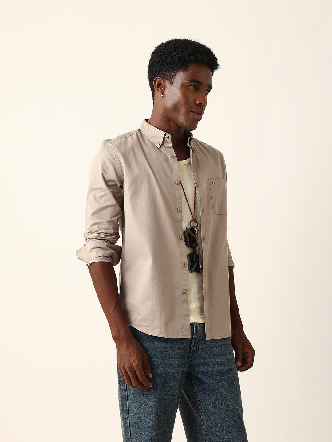 Light Brown Cotton Solid Slim Fit Casual Shirt