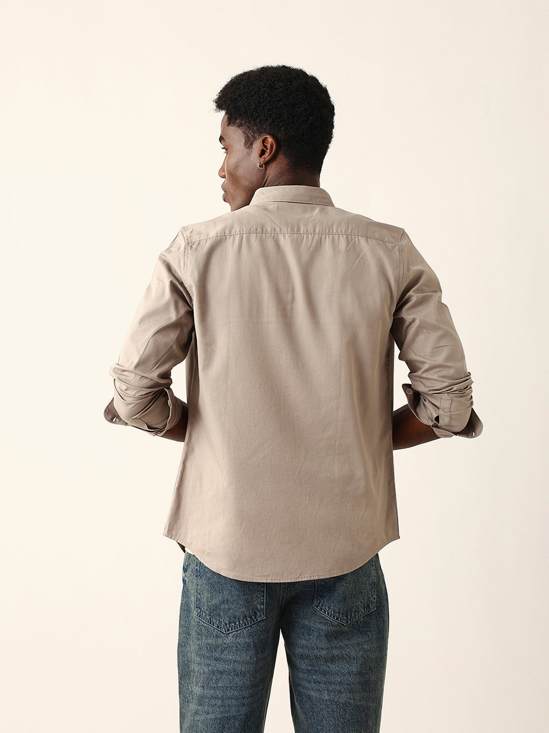 Light Brown Cotton Solid Slim Fit Casual Shirt