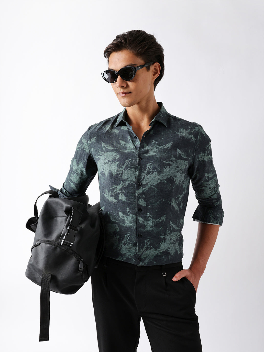 Sage Green Slim Fit Abstract Brush Print Casual Shirt