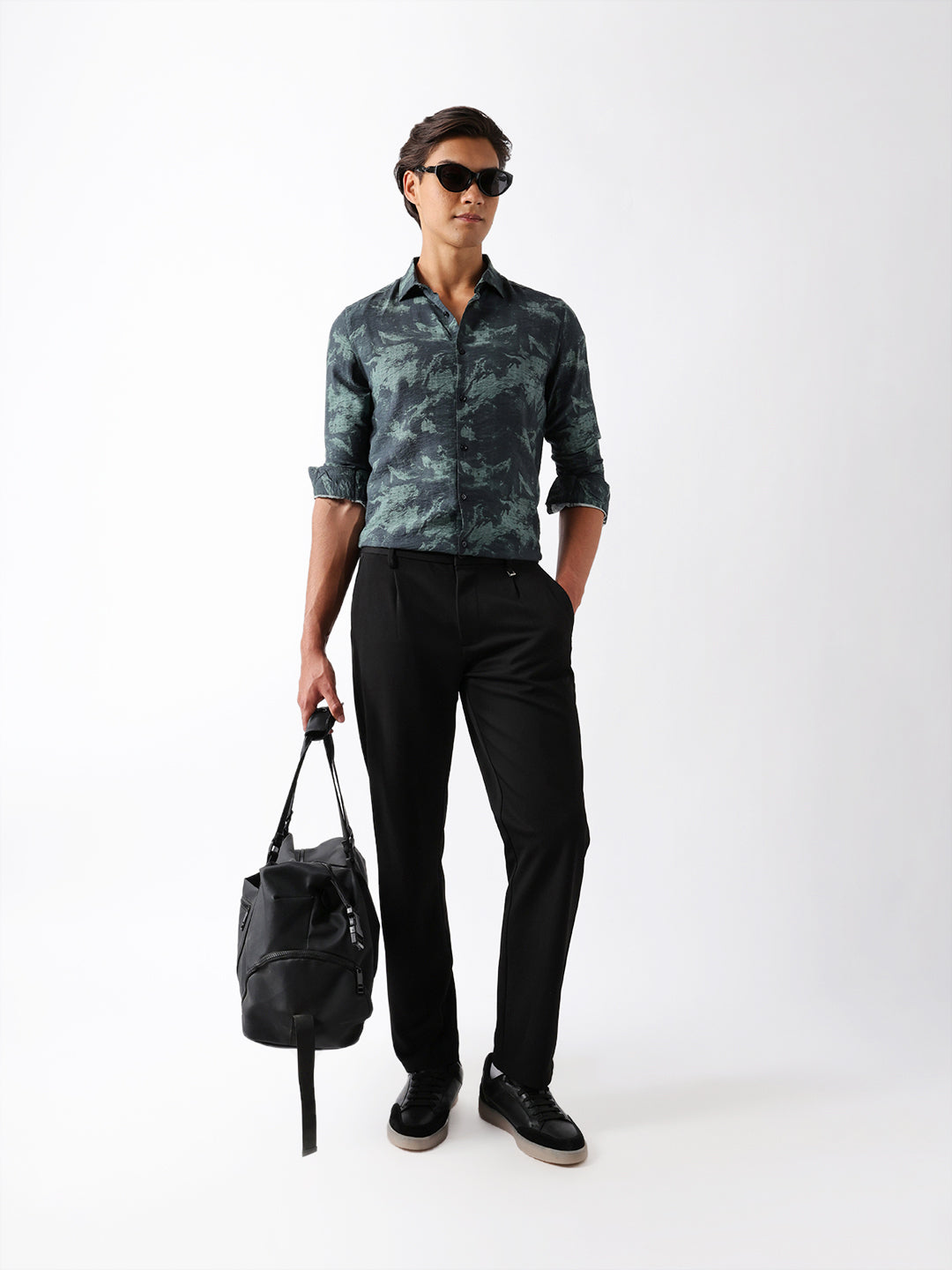 Sage Green Slim Fit Abstract Brush Print Casual Shirt