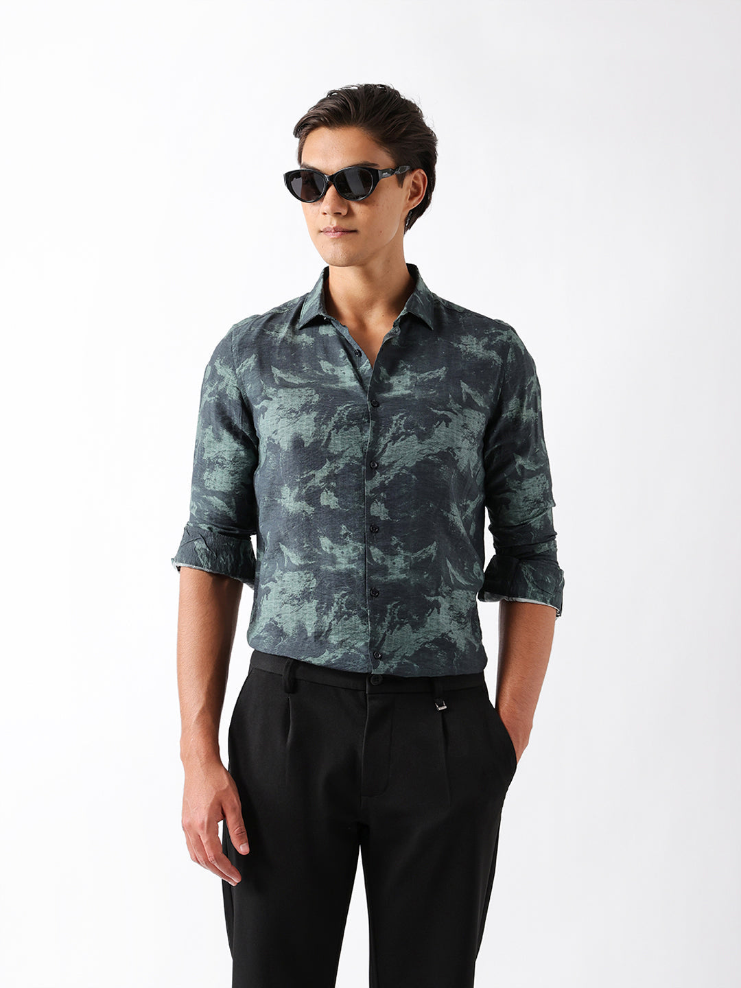 Sage Green Slim Fit Abstract Brush Print Casual Shirt