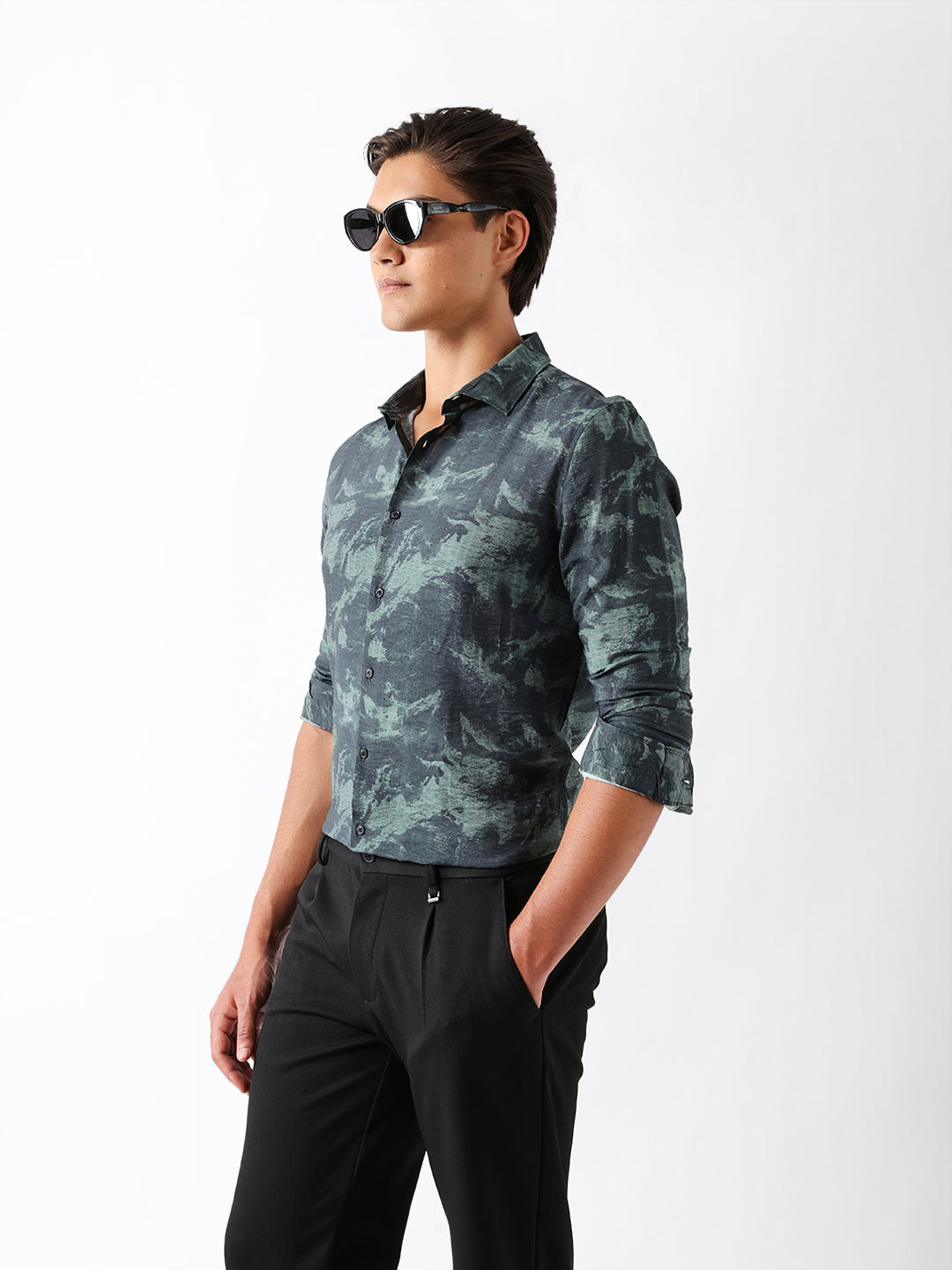 Sage Green Slim Fit Abstract Brush Print Casual Shirt
