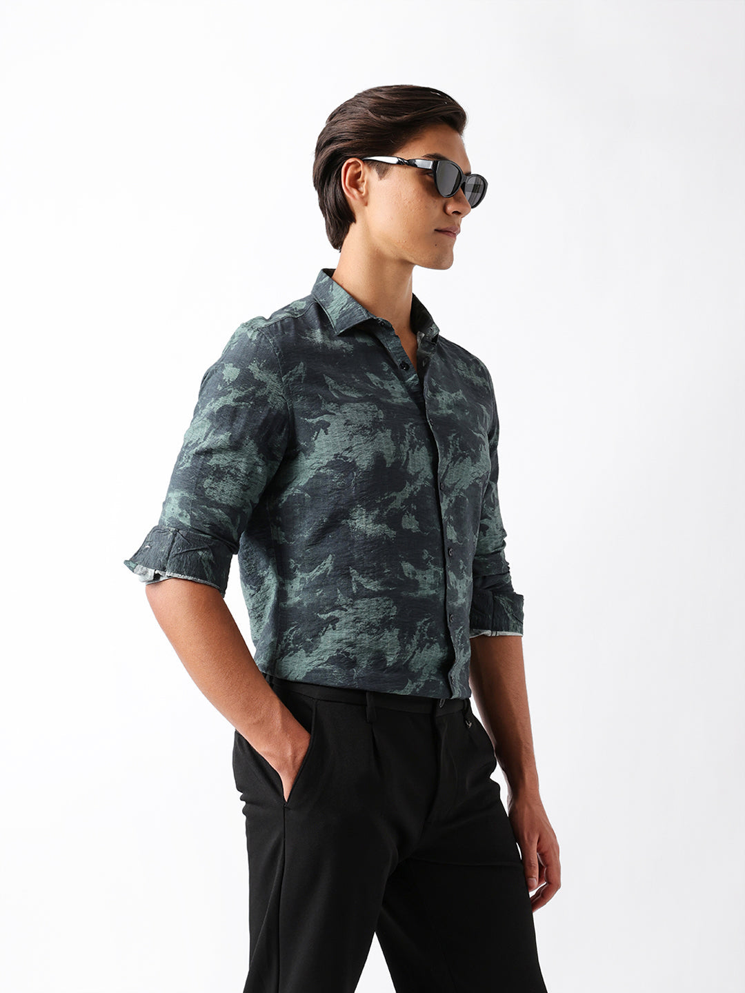 Sage Green Slim Fit Abstract Brush Print Casual Shirt