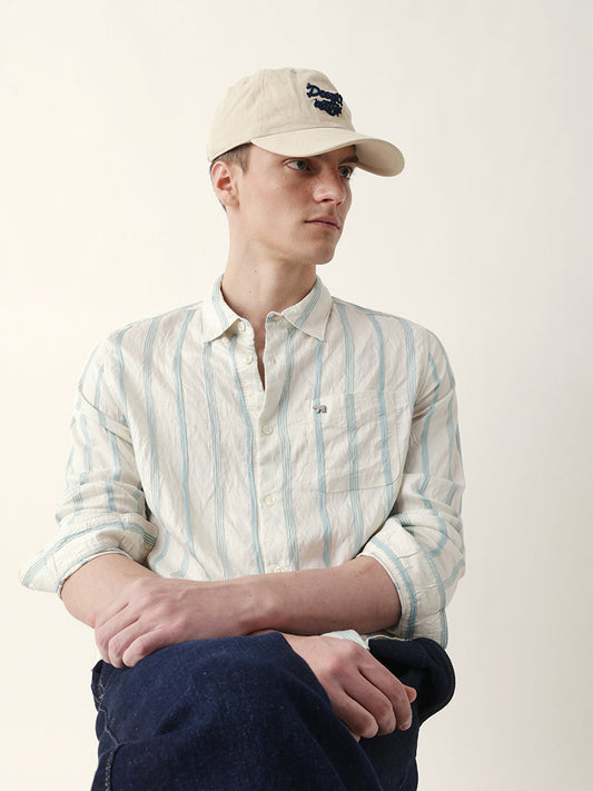 Teal & Cream Seersucker Vertical Pinstripe Slim Fit Casual Shirt