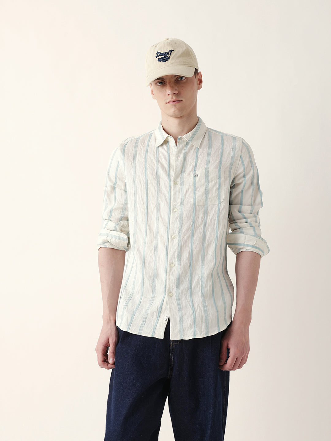 Teal & Cream Seersucker Vertical Pinstripe Slim Fit Casual Shirt