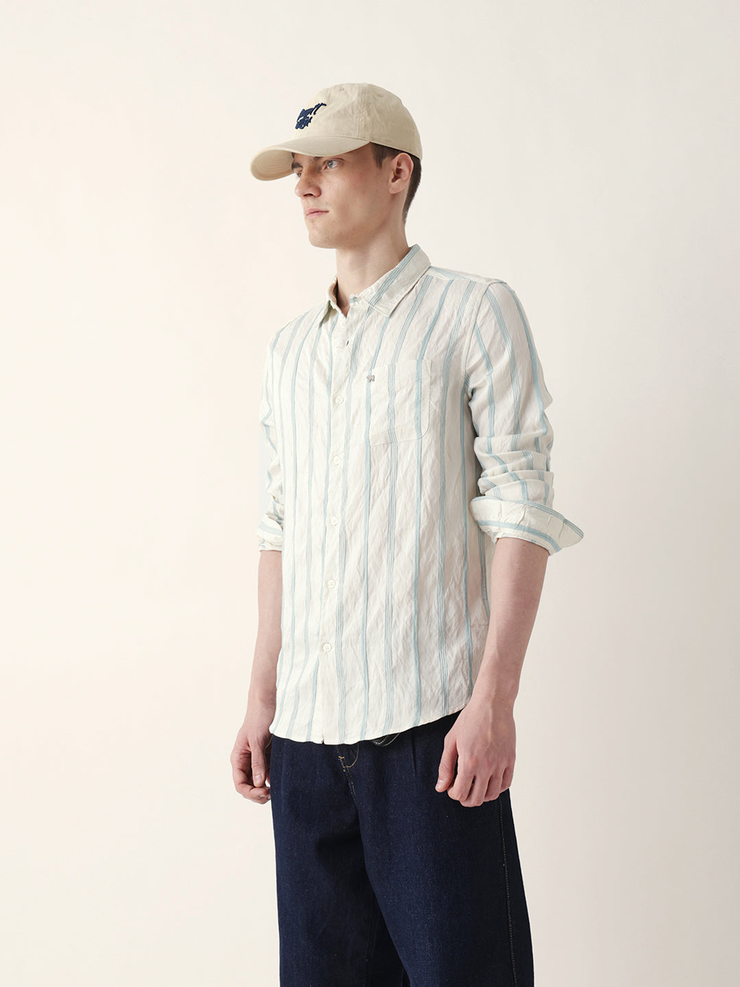 Teal & Cream Seersucker Vertical Pinstripe Slim Fit Casual Shirt