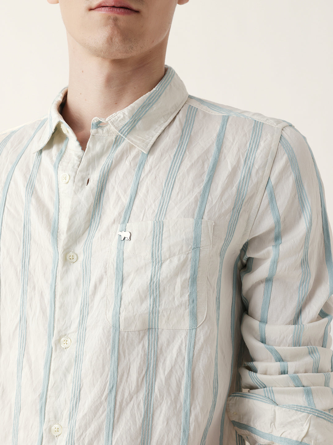 Teal & Cream Seersucker Vertical Pinstripe Slim Fit Casual Shirt