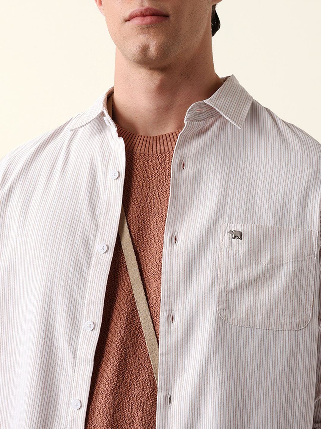 Beige & White Slim-Fit Casual Shirt with Vertical Pine Stripes