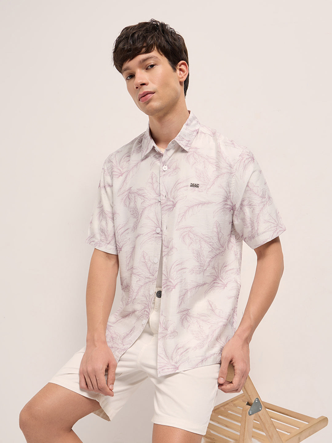 Peach and White Leafy Botanical Print Relaxed Fit Casual Shirt