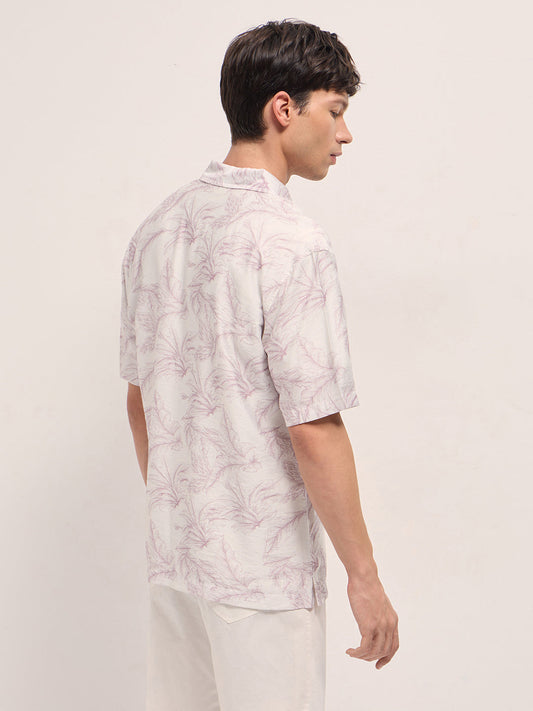Peach and White Leafy Botanical Print Relaxed Fit Casual Shirt