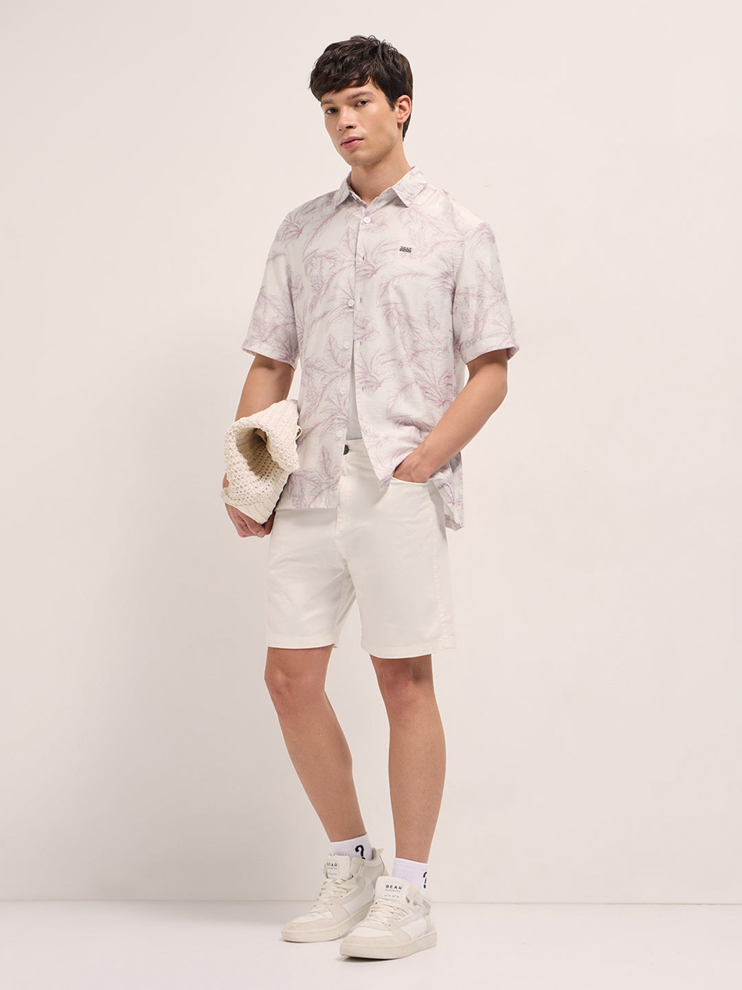 Peach and White Leafy Botanical Print Relaxed Fit Casual Shirt