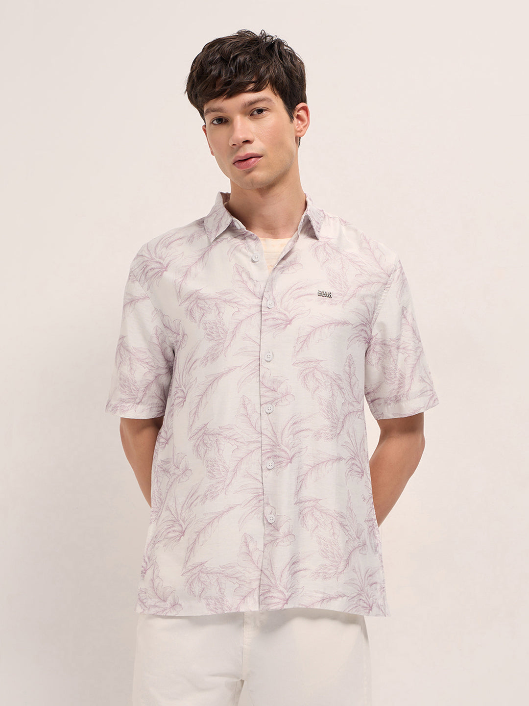 Peach and White Leafy Botanical Print Relaxed Fit Casual Shirt