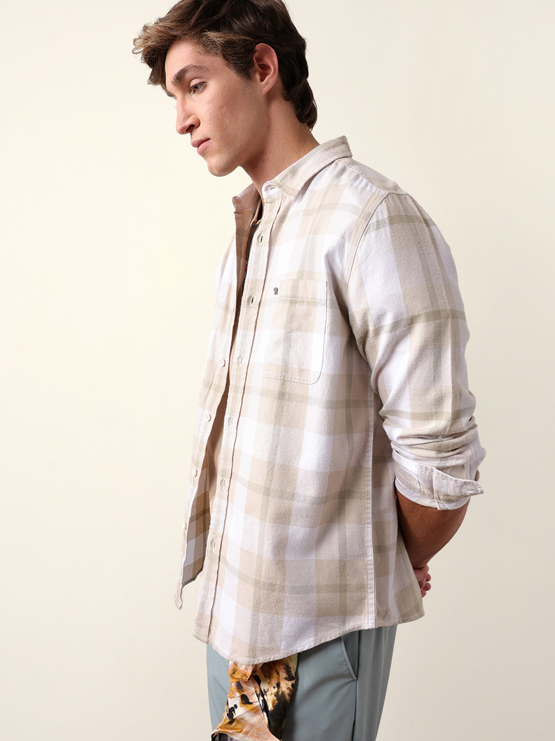 Beige & Green Checked Flannel Regular Fit Casual Shirt