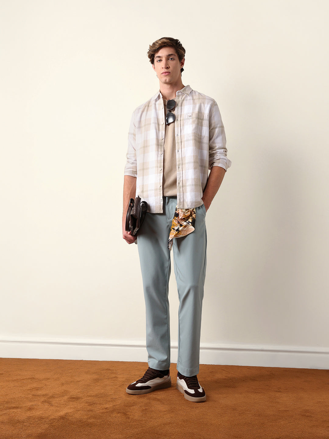 Beige & Green Checked Flannel Regular Fit Casual Shirt