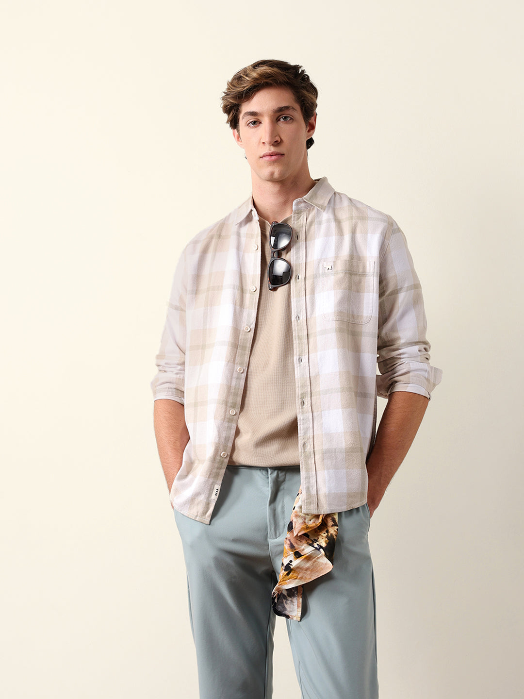 Beige & Green Checked Flannel Regular Fit Casual Shirt