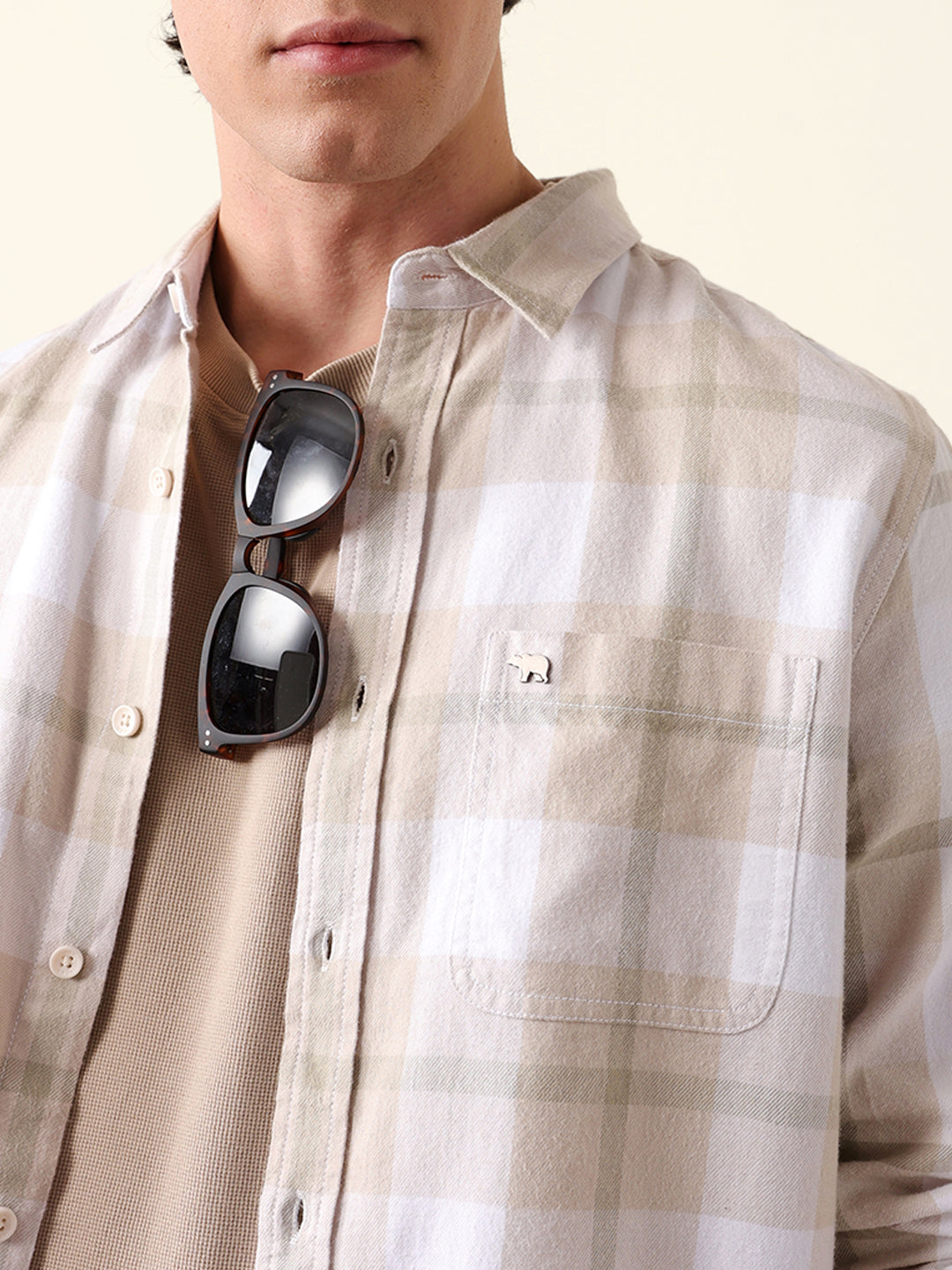 Beige & Green Checked Flannel Regular Fit Casual Shirt