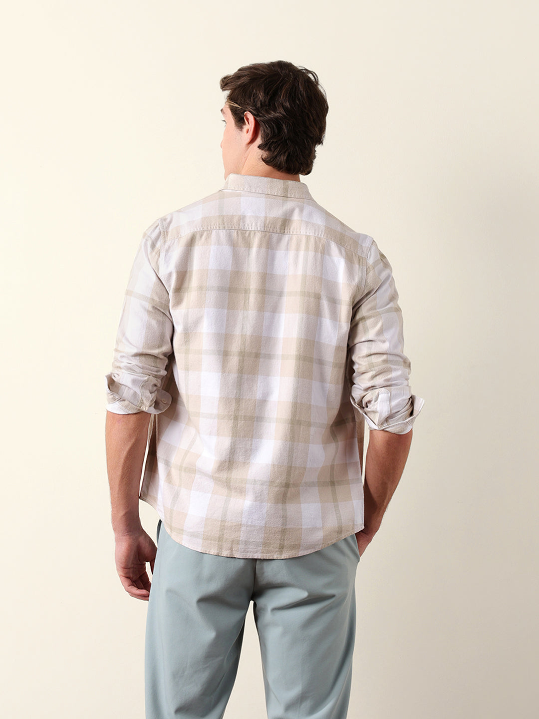 Beige & Green Checked Flannel Regular Fit Casual Shirt