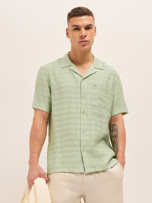 Light Green Zigzag Textured Weave Relaxed Fit Half Sleeve Casual Shirt