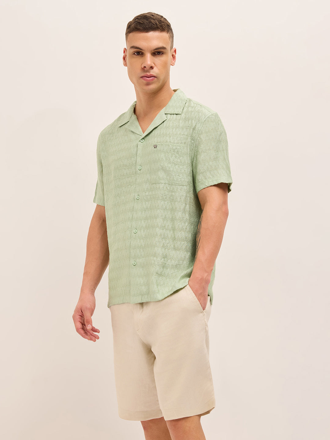 Light Green Zigzag Textured Weave Relaxed Fit Half Sleeve Casual Shirt
