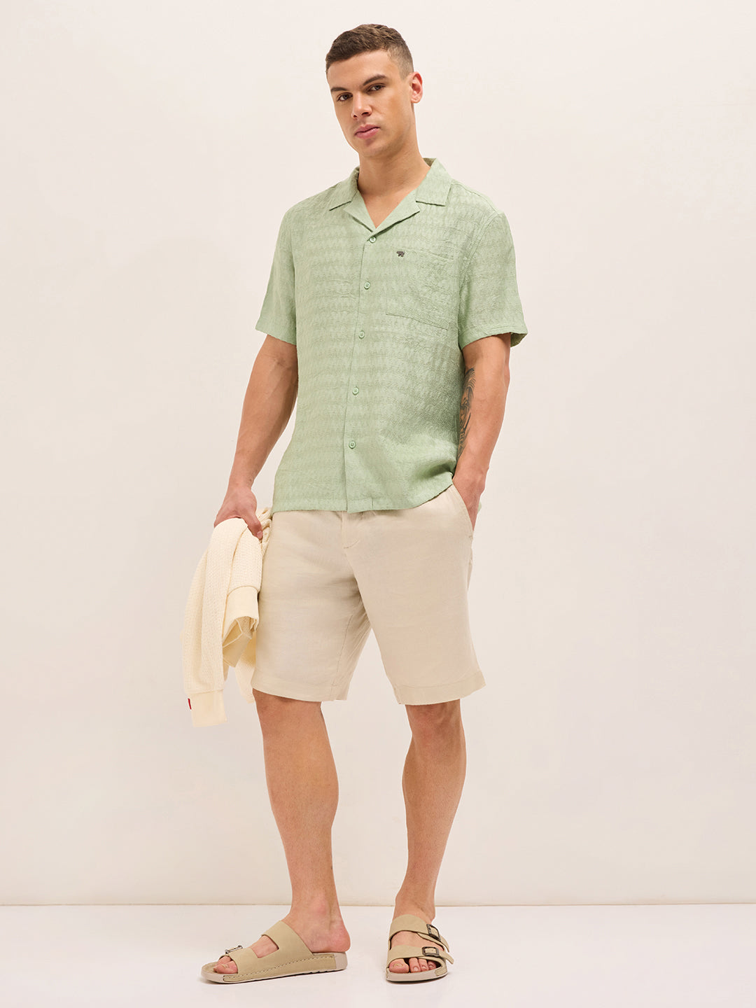 Light Green Zigzag Textured Weave Relaxed Fit Half Sleeve Casual Shirt