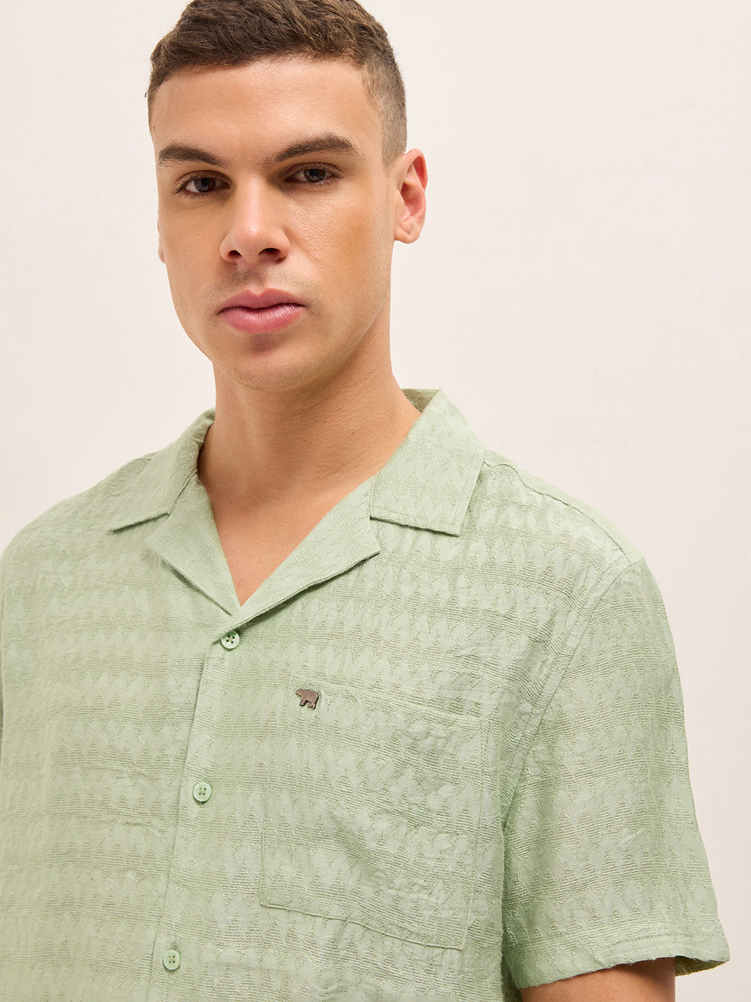 Light Green Zigzag Textured Weave Relaxed Fit Half Sleeve Casual Shirt