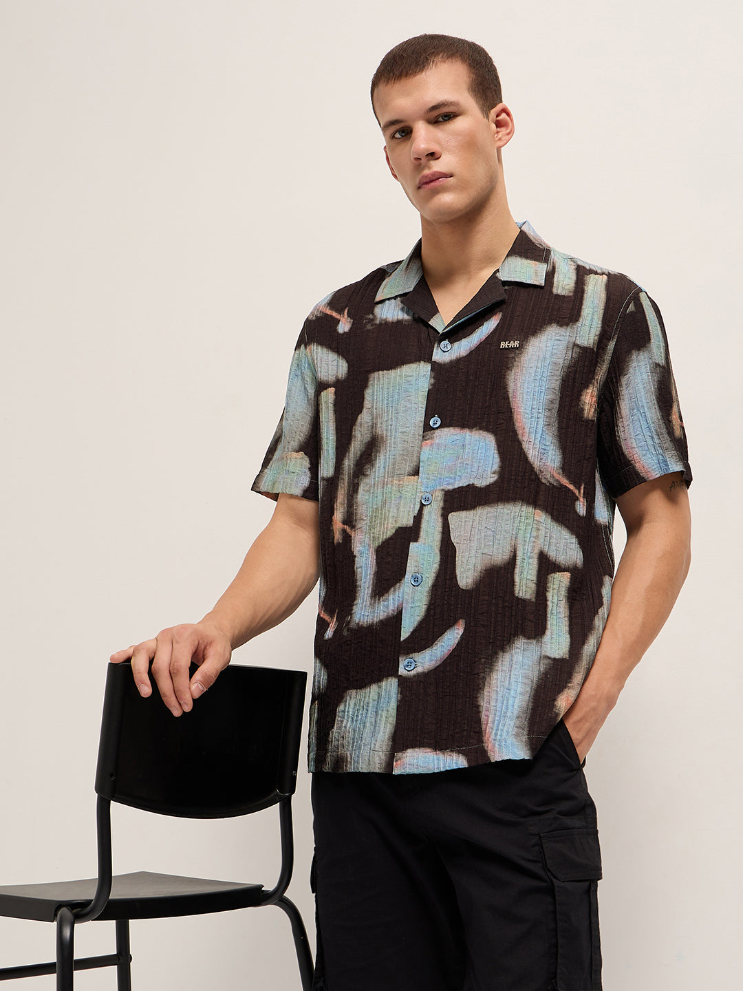 Black Viscose Abstract print Relaxed Fit Cuban Collar Shirt