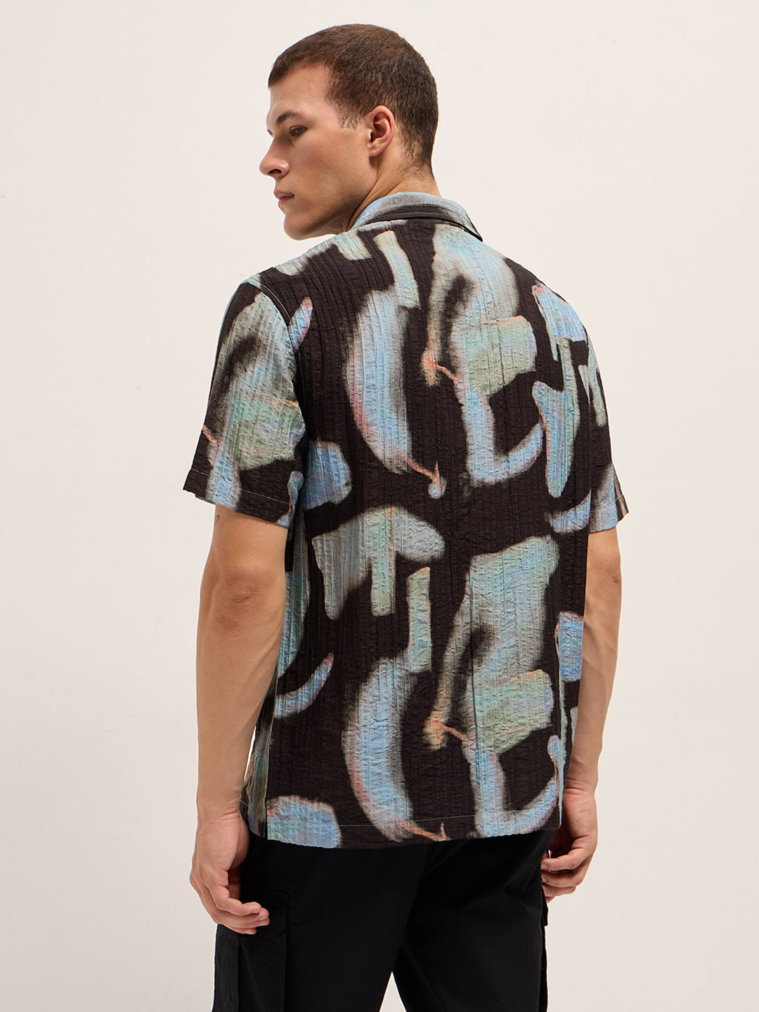 Black Viscose Abstract print Relaxed Fit Cuban Collar Shirt