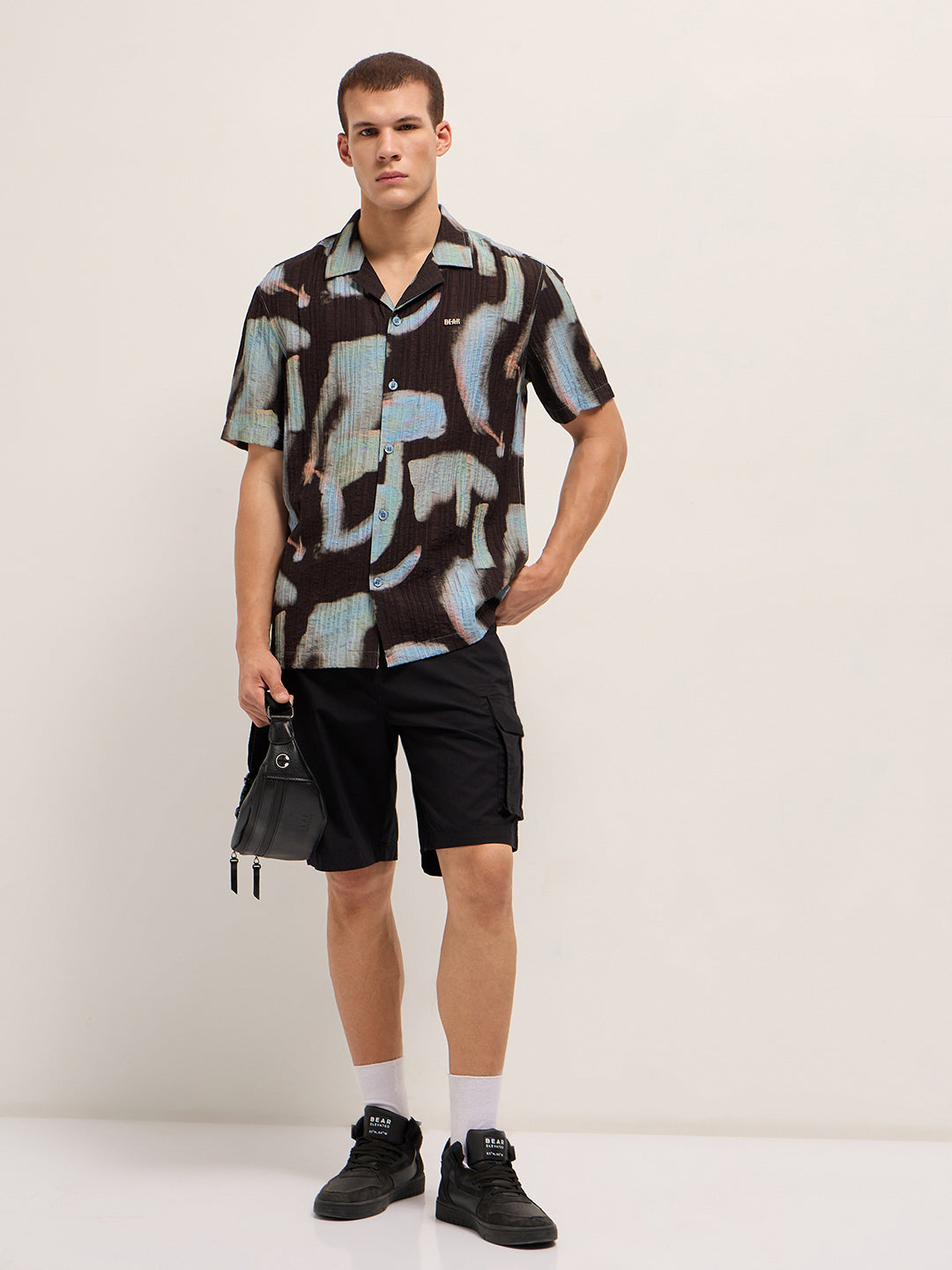 Black Viscose Abstract print Relaxed Fit Cuban Collar Shirt