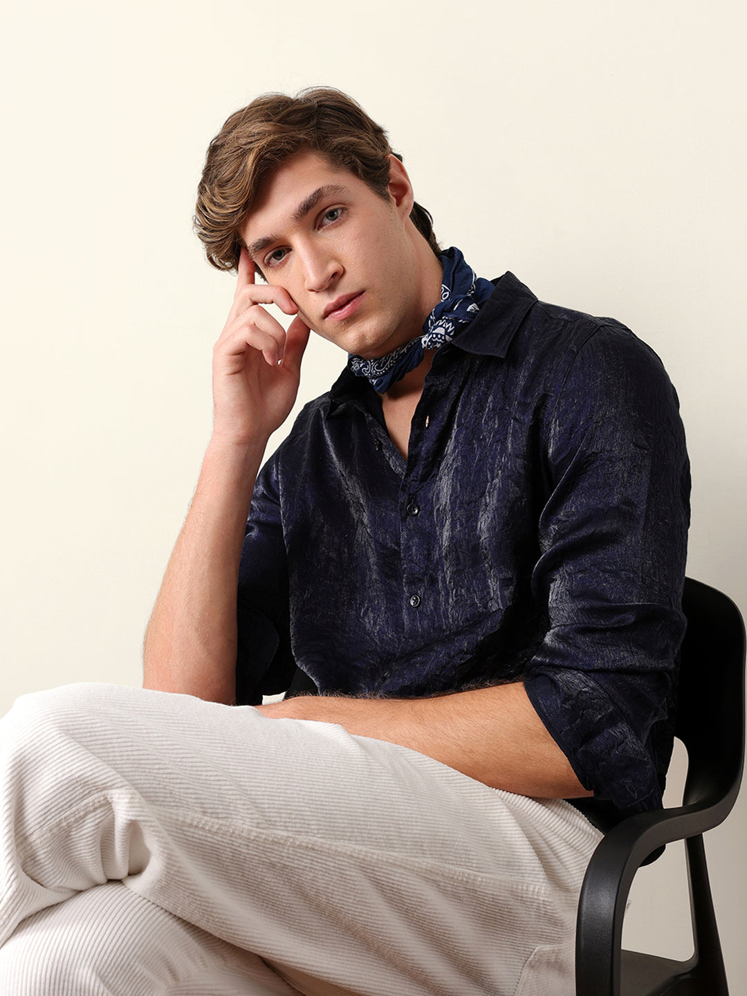 Navy Regular Fit Casual Shirt with Crinkle Effect & Subtle Sheen Finish