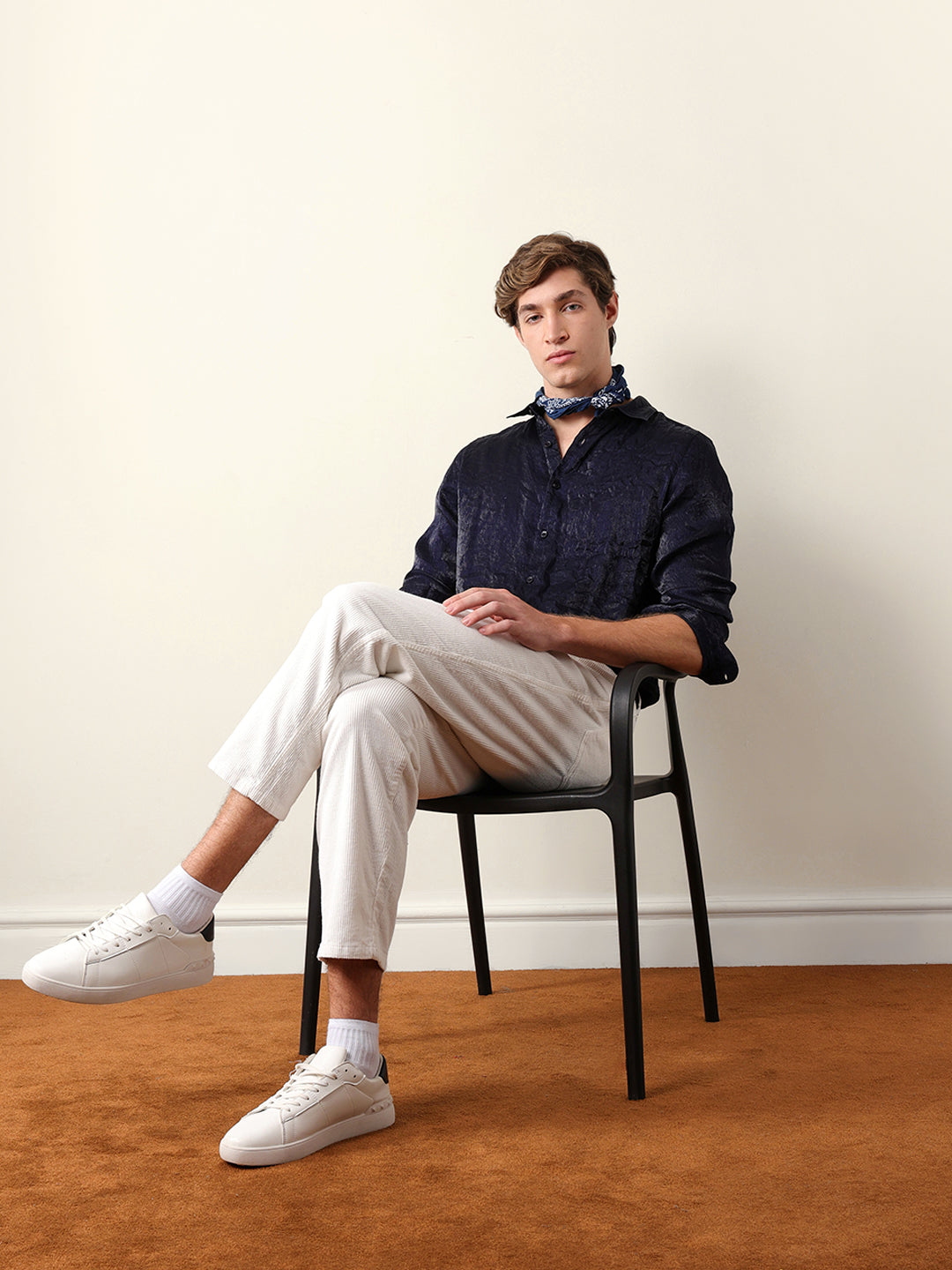 Navy Regular Fit Casual Shirt with Crinkle Effect & Subtle Sheen Finish