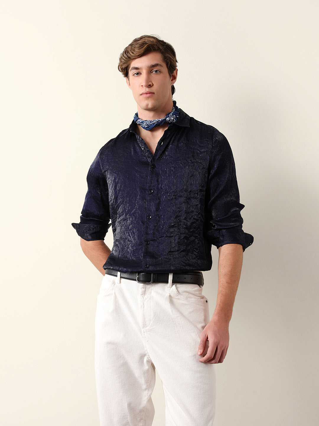Navy Regular Fit Casual Shirt with Crinkle Effect & Subtle Sheen Finish