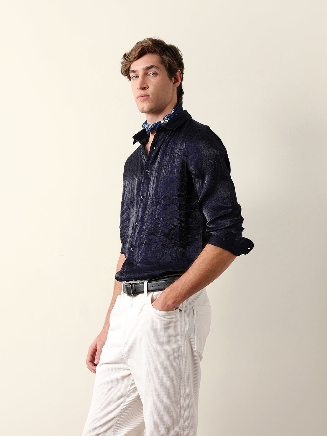 Navy Regular Fit Casual Shirt with Crinkle Effect & Subtle Sheen Finish