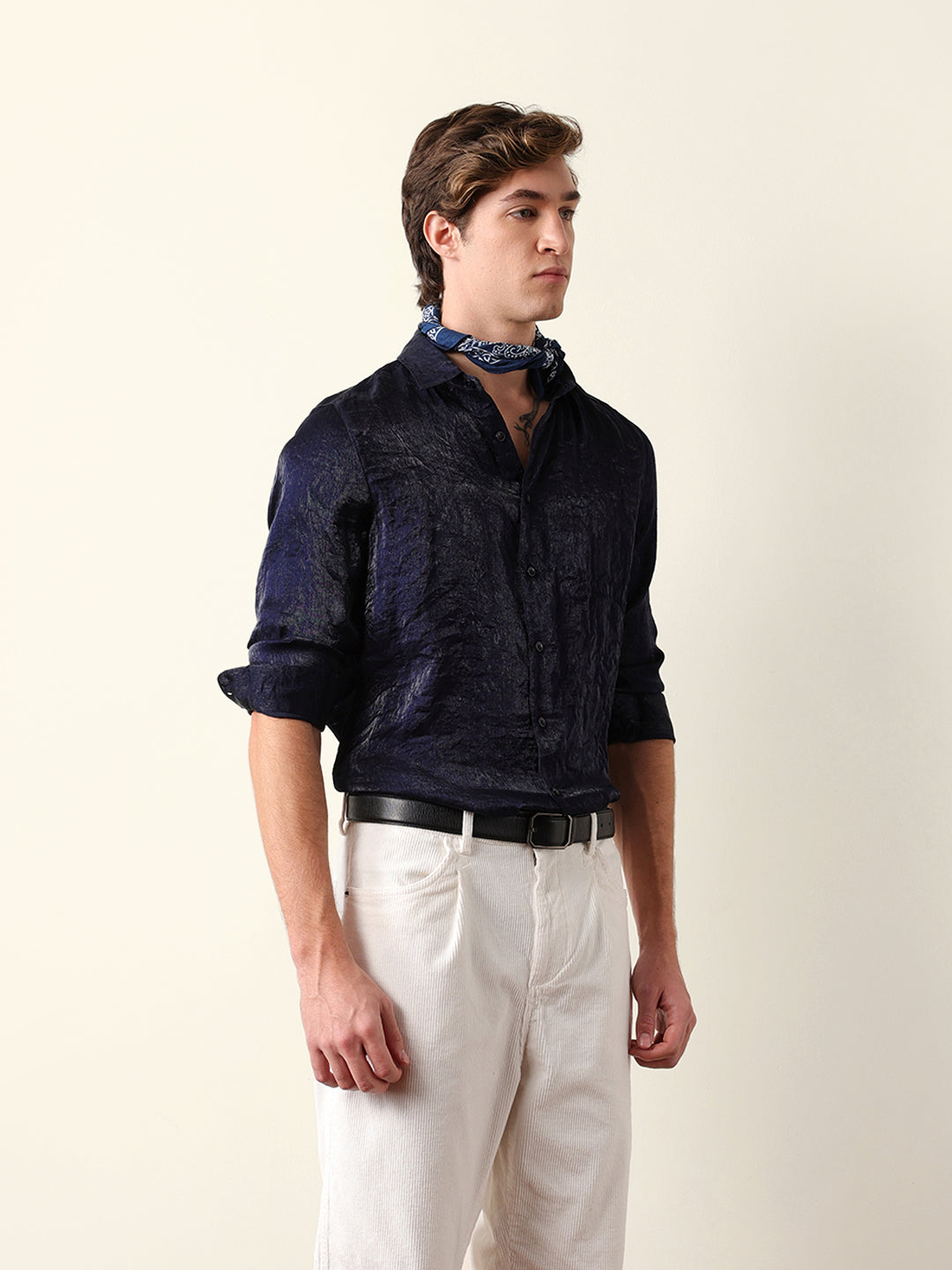 Navy Regular Fit Casual Shirt with Crinkle Effect & Subtle Sheen Finish
