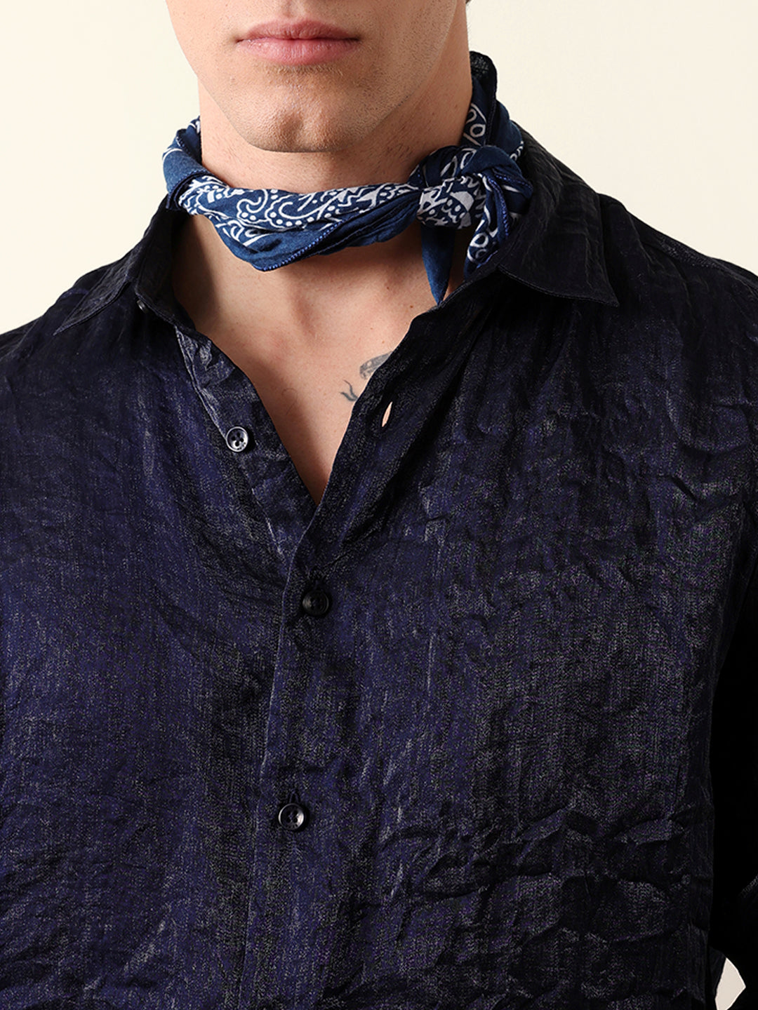 Navy Regular Fit Casual Shirt with Crinkle Effect & Subtle Sheen Finish