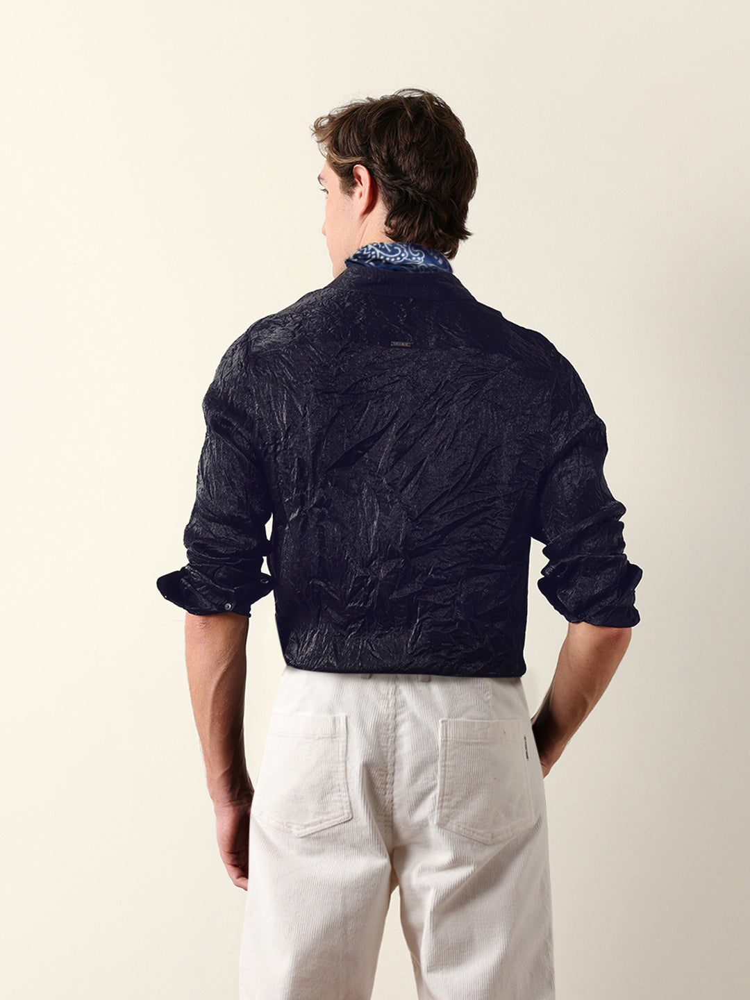 Navy Regular Fit Casual Shirt with Crinkle Effect & Subtle Sheen Finish