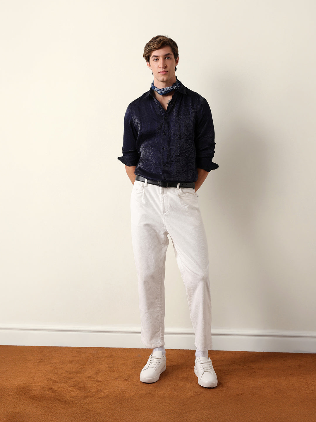 Navy Regular Fit Casual Shirt with Crinkle Effect & Subtle Sheen Finish