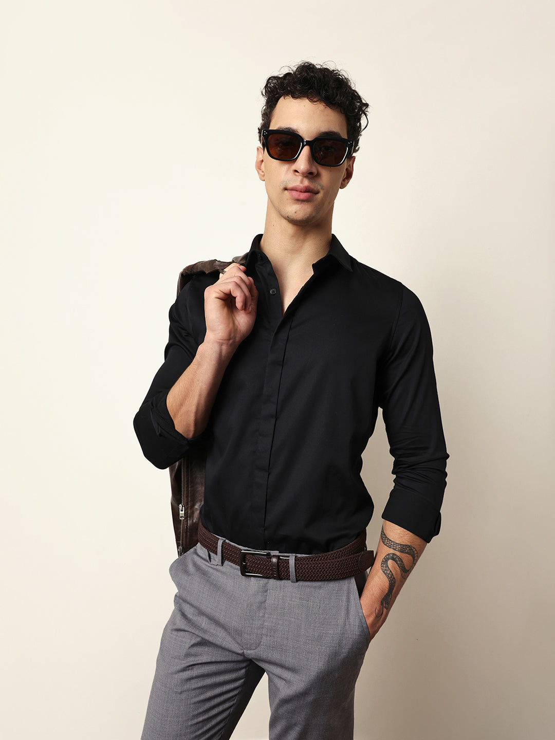Black Tailored Fit Solid Formal Shirt with Concealed Button Placket