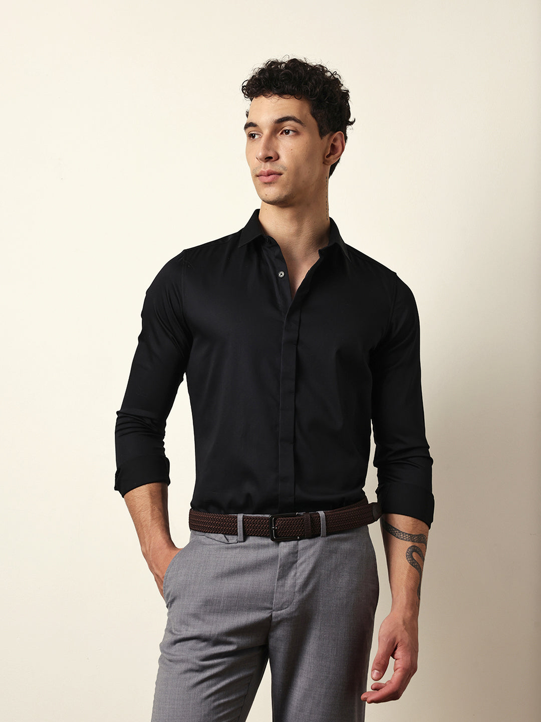 Black Tailored Fit Solid Formal Shirt with Concealed Button Placket