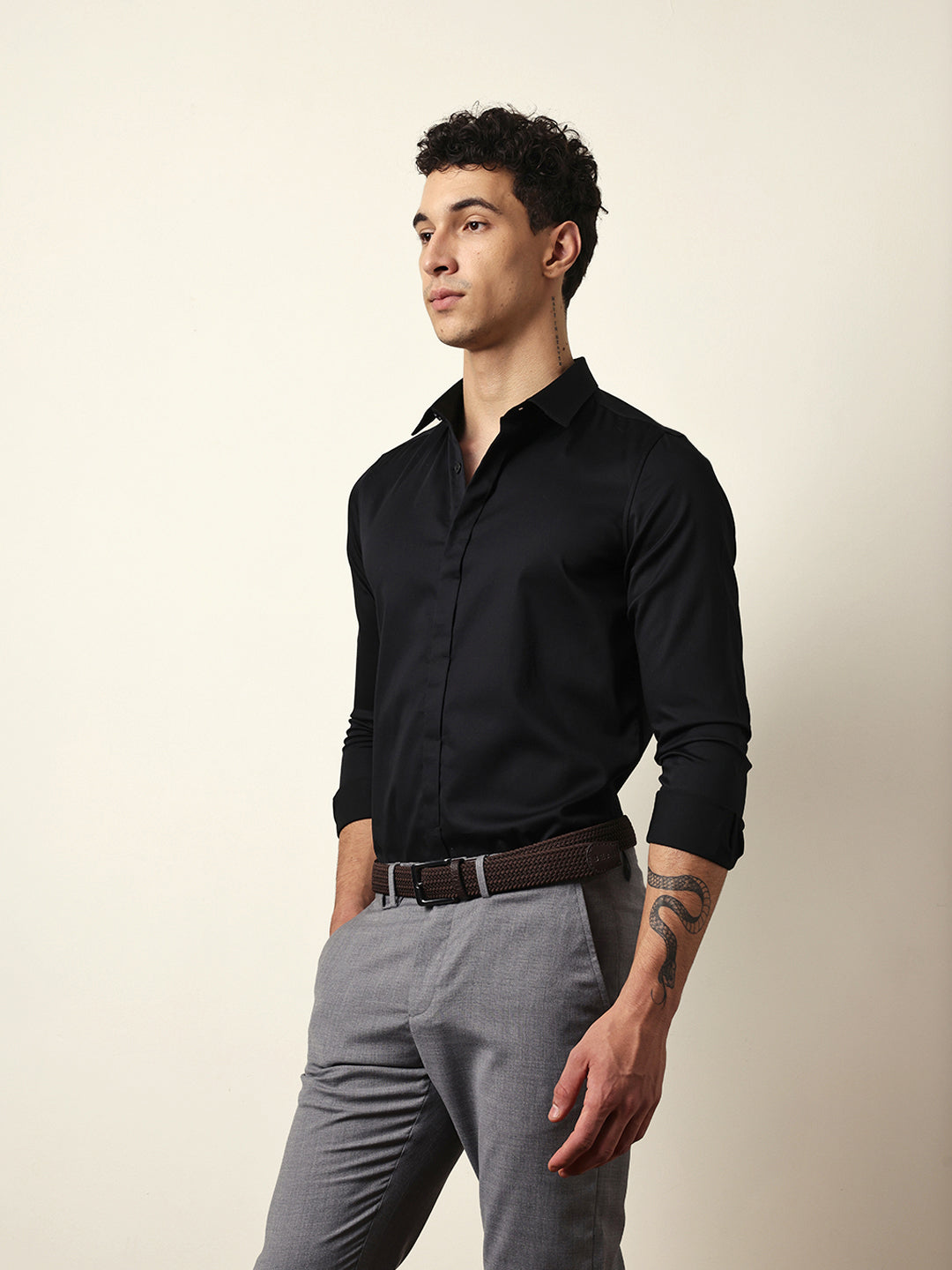 Black Tailored Fit Solid Formal Shirt with Concealed Button Placket