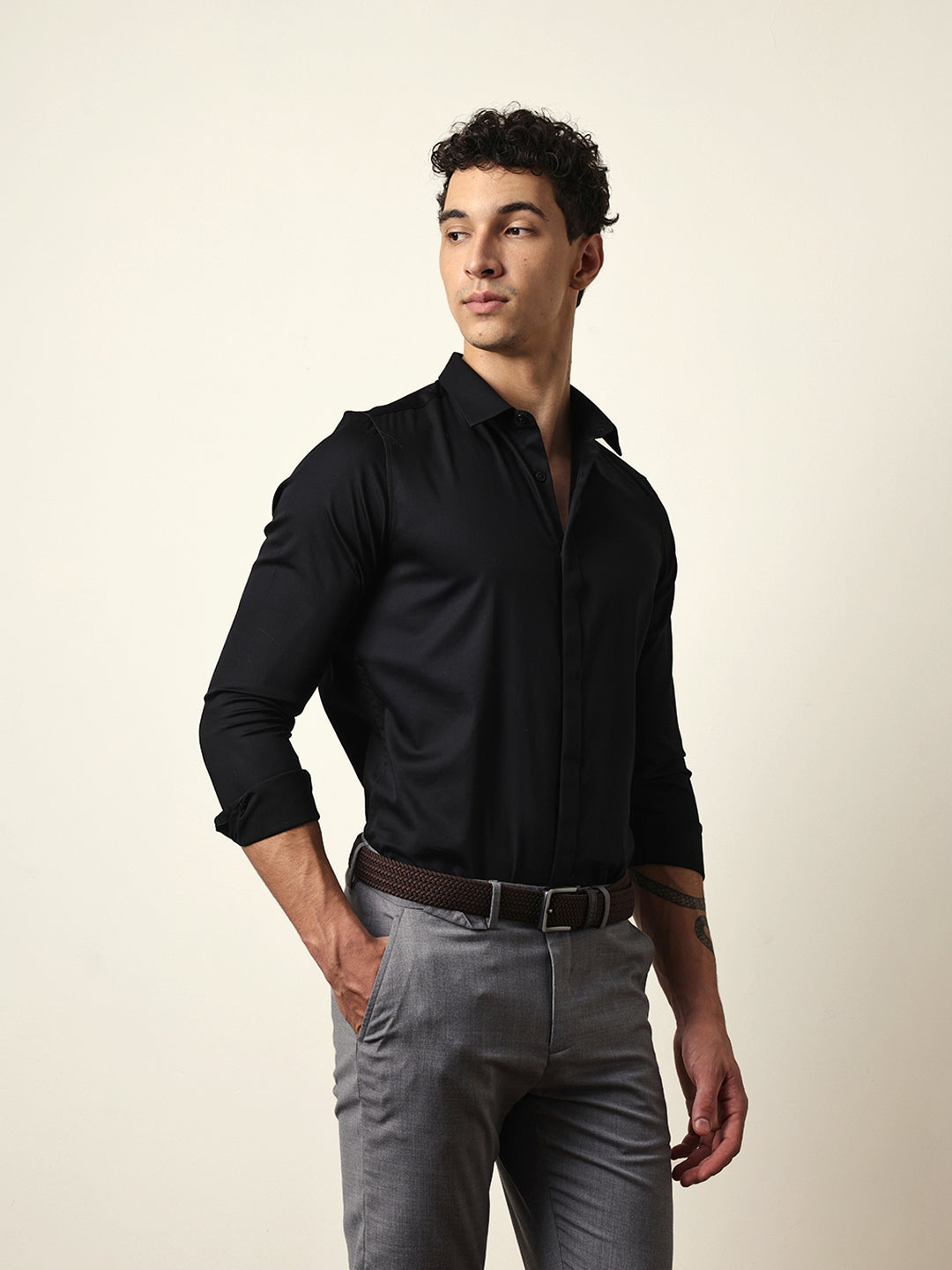 Black Tailored Fit Solid Formal Shirt with Concealed Button Placket