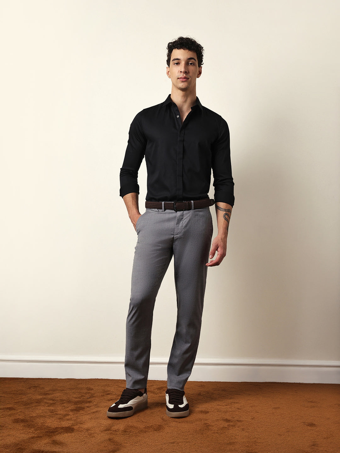 Black Tailored Fit Solid Formal Shirt with Concealed Button Placket